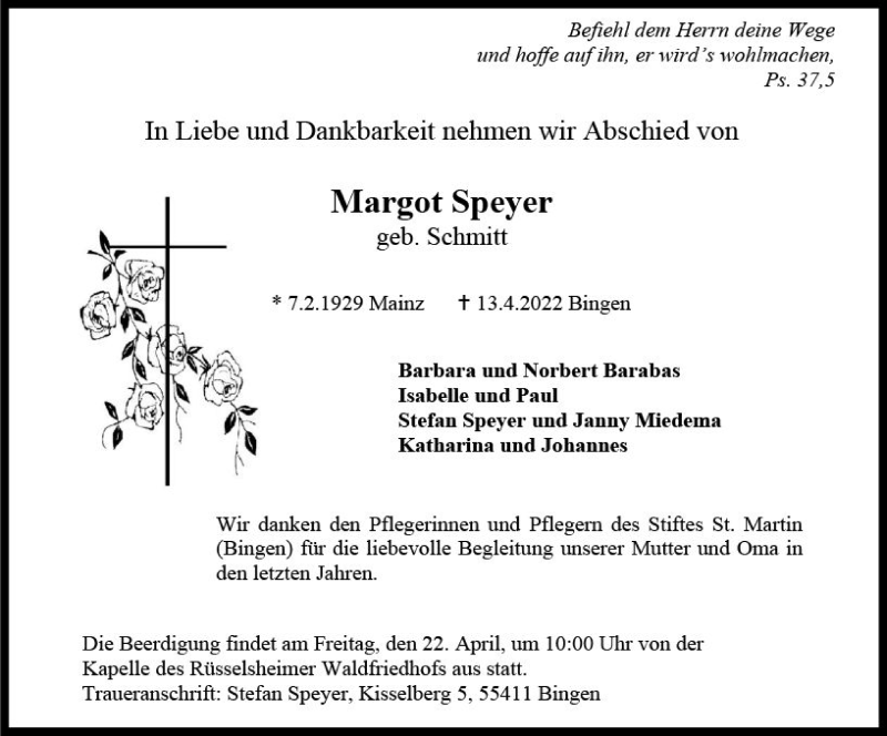  Traueranzeige für Margot Speyer vom 20.04.2022 aus vrm-trauer Rüsselsheimer Echo / MainSpitze