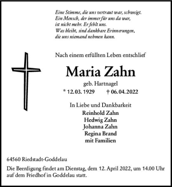 Traueranzeige von Maria Zahn von vrm-trauer Groß-Gerauer Echo