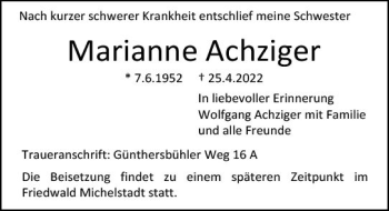 Traueranzeige von Marianne Achziger von vrm-trauer Groß-Gerauer Echo