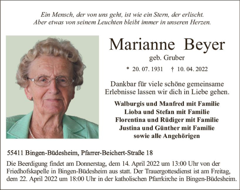  Traueranzeige für Marianne Beyer vom 13.04.2022 aus vrm-trauer Allgemeine  Zeitung Ingelheim-Bingen
