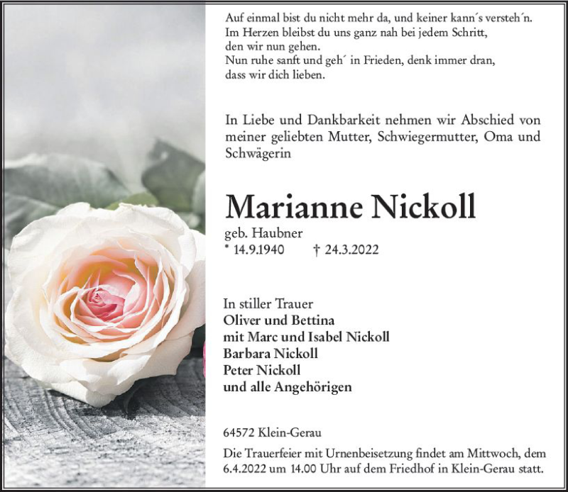  Traueranzeige für Marianne Nickoll vom 02.04.2022 aus vrm-trauer Groß-Gerauer Echo