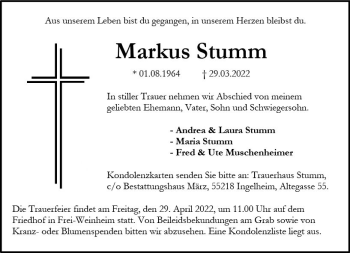 Traueranzeige von Markus Stumm von vrm-trauer Allgemeine  Zeitung Ingelheim-Bingen