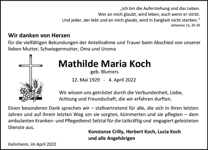  Traueranzeige für Mathilde Maria Koch vom 30.04.2022 aus vrm-trauer AZ Mainz