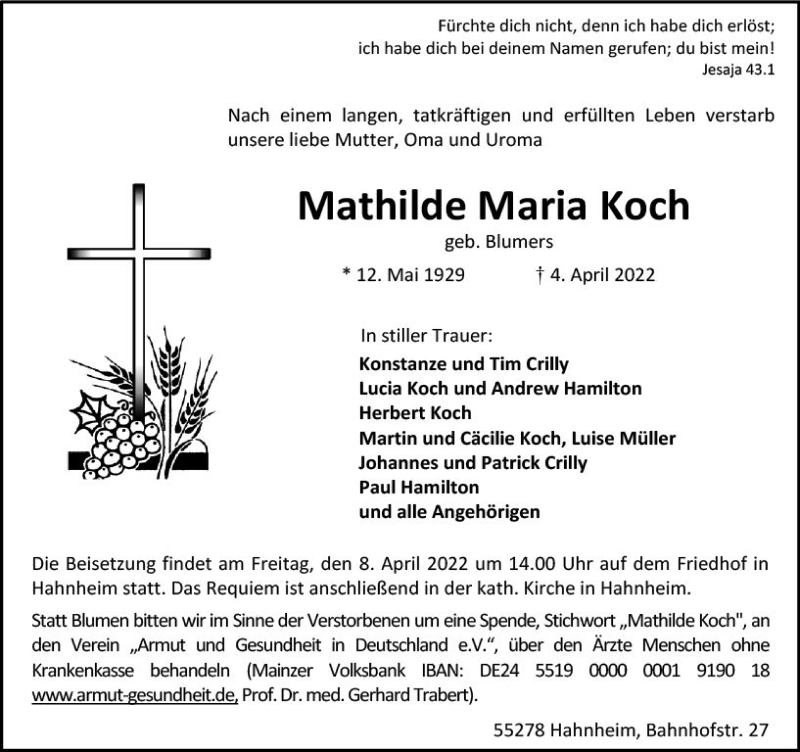 Traueranzeige für Mathilde Maria Koch vom 06.04.2022 aus vrm-trauer AZ Mainz