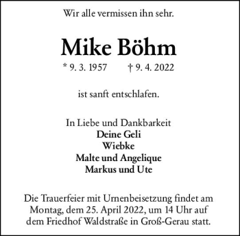 Traueranzeige von Mike Böhm von vrm-trauer Groß-Gerauer Echo