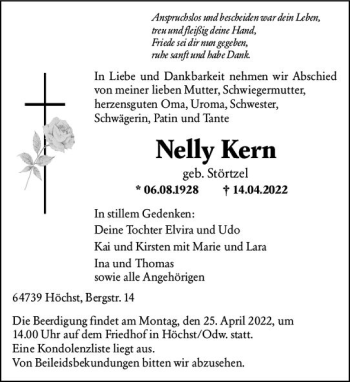 Traueranzeige von Nelly Kern von vrm-trauer Odenwälder Echo