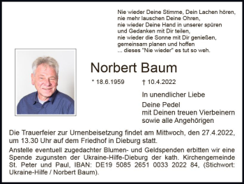 Traueranzeige von Norbert Baum von vrm-trauer DieburgerAnzeiger/Groß-Zimmerner Lokala
