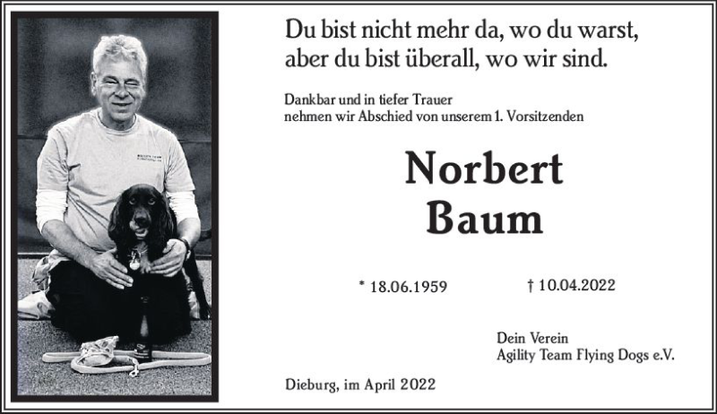  Traueranzeige für Norbert Baum vom 23.04.2022 aus vrm-trauer DieburgerAnzeiger/Groß-Zimmerner Lokala