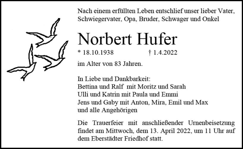 Traueranzeige für Norbert Hufer vom 09.04.2022 aus vrm-trauer Darmstädter Echo