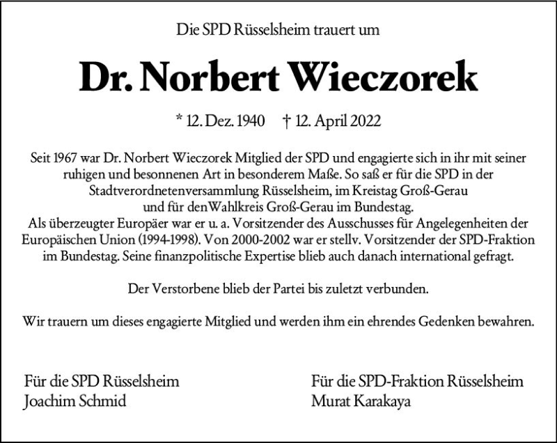  Traueranzeige für Norbert Wieczorek vom 23.04.2022 aus vrm-trauer Rüsselsheimer Echo / MainSpitze