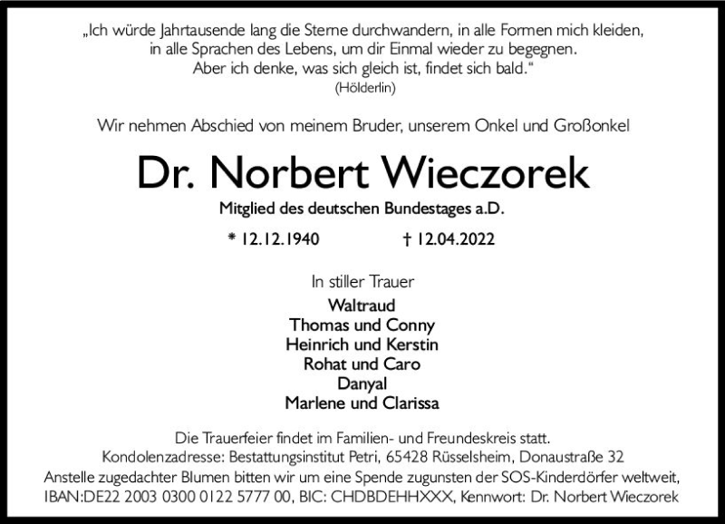  Traueranzeige für Norbert Wieczorek vom 23.04.2022 aus vrm-trauer Rüsselsheimer Echo / MainSpitze