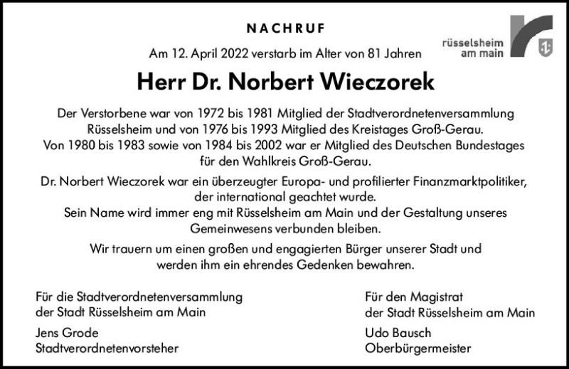  Traueranzeige für Norbert Wieczorek vom 23.04.2022 aus vrm-trauer Rüsselsheimer Echo / MainSpitze