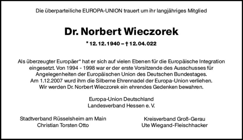  Traueranzeige für Norbert Wieczorek vom 27.04.2022 aus vrm-trauer Rüsselsheimer Echo / MainSpitze