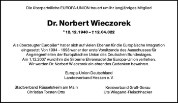 Traueranzeige von Norbert Wieczorek von vrm-trauer Rüsselsheimer Echo / MainSpitze