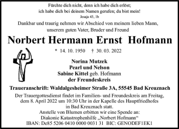 Traueranzeige von Norbert Hermann Ernst Hofmann von vrm-trauer Allg. Zeitung Bad Kreuznach