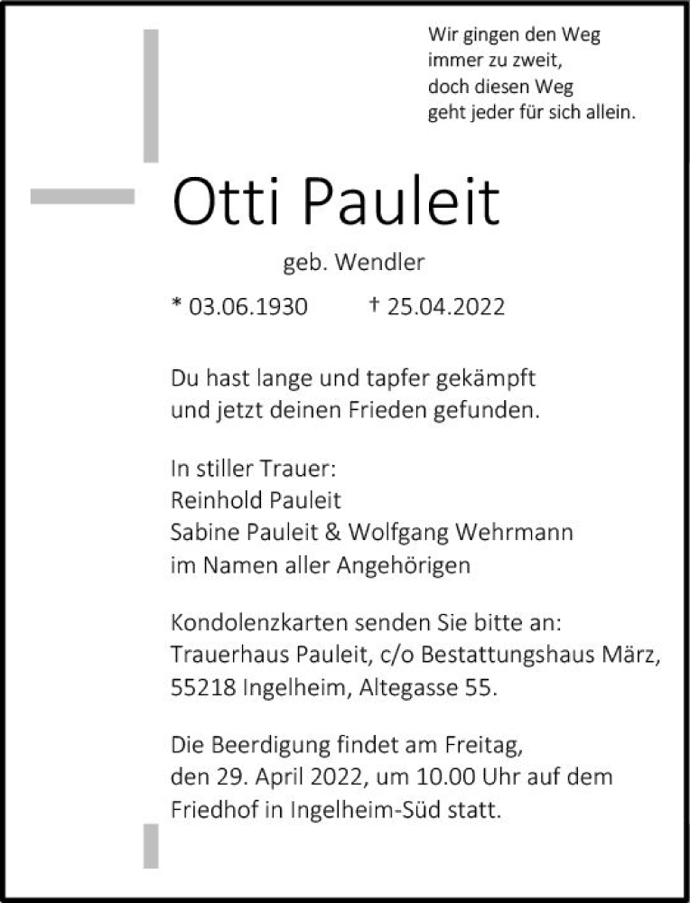 Traueranzeige für Otti Pauleit vom 28.04.2022 aus vrm-trauer Allgemeine  Zeitung Ingelheim-Bingen