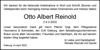Traueranzeige von Otto Albert Reinold von vrm-trauer DieburgerAnzeiger/Groß-Zimmerner Lokala