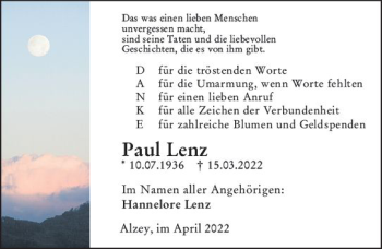 Traueranzeige von Paul Lenz von vrm-trauer Allgemeine Zeitung Alzey