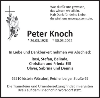 Traueranzeige von Peter Knoch von vrm-trauer Idsteiner Zeitung