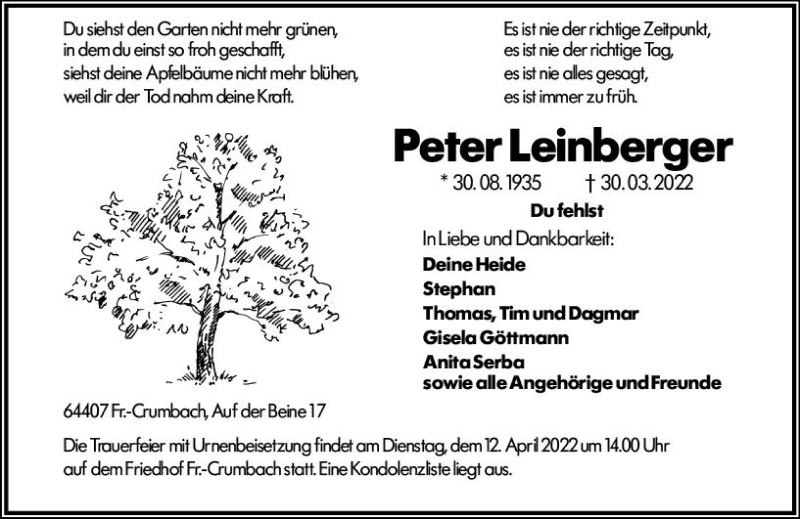  Traueranzeige für Peter Leinberger vom 09.04.2022 aus vrm-trauer Odenwälder Echo