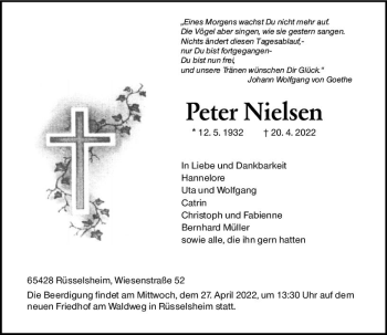 Traueranzeige von Peter Nielsen von vrm-trauer Rüsselsheimer Echo / MainSpitze