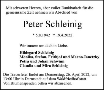 Traueranzeige von Peter Schleinig von vrm-trauer Darmstädter Echo