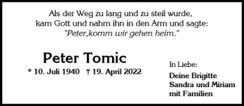 Traueranzeige von Peter Tomic von vrm-trauer Wiesbadener Kurier