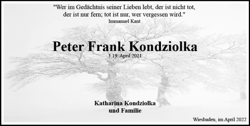  Traueranzeige für Peter Frank Kondziolka vom 23.04.2022 aus vrm-trauer Wiesbadener Kurier