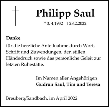 Traueranzeige von Philipp Saul von vrm-trauer Odenwälder Echo