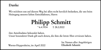 Traueranzeige von Philipp Schmitt von vrm-trauer Wormser Zeitung