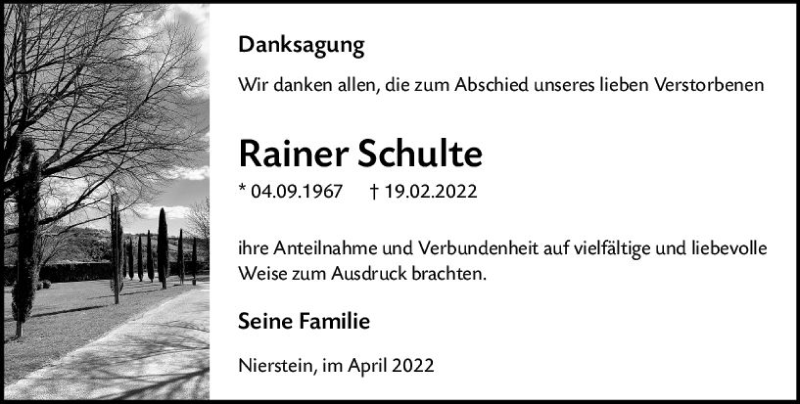  Traueranzeige für Rainer Schulte vom 09.04.2022 aus vrm-trauer Allgemeine Zeitung Alzey