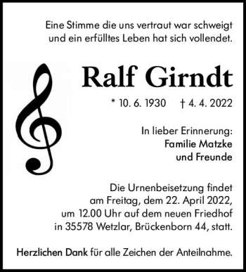 Traueranzeige von Ralf Girndt von vrm-trauer Darmstädter Echo