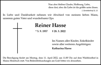 Traueranzeige von Reiner Hasse von vrm-trauer AZ Mainz