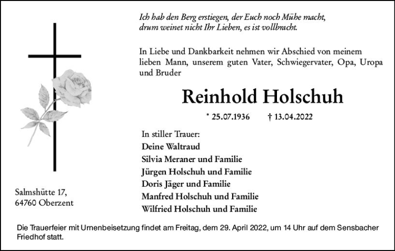  Traueranzeige für Reinhold Holschuh vom 23.04.2022 aus vrm-trauer Odenwälder Echo