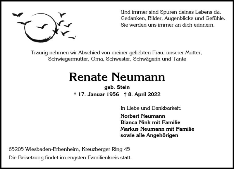  Traueranzeige für Renate Neumann vom 16.04.2022 aus vrm-trauer Wiesbadener Kurier