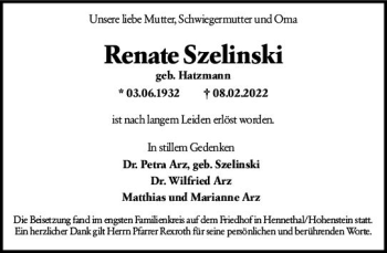 Traueranzeige von Renate Szelinski von vrm-trauer WK-UTA