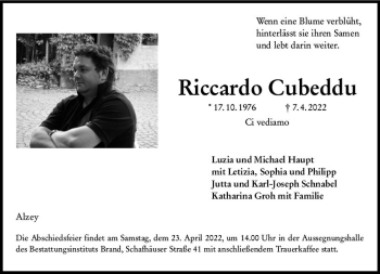 Traueranzeige von Riccardo Cubeddu von vrm-trauer Allgemeine Zeitung Alzey