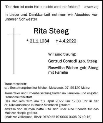 Traueranzeige von Rita Steeg von vrm-trauer AZ Mainz