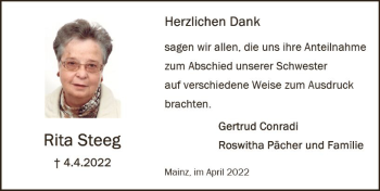 Traueranzeige von Rita Steeg von vrm-trauer AZ Mainz