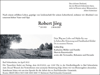 Traueranzeige von Robert Jörg von vrm-trauer Allg. Zeitung Bad Kreuznach