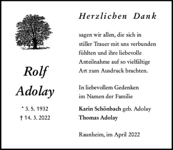 Traueranzeige von Rolf Adolay von vrm-trauer Rüsselsheimer Echo / MainSpitze