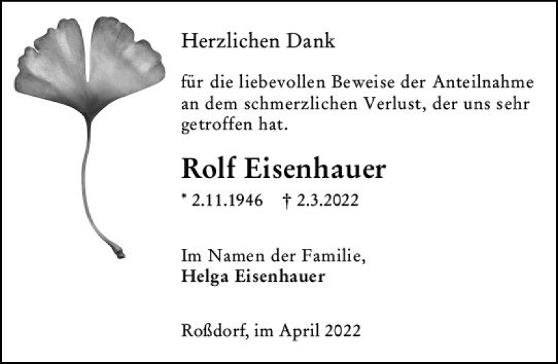  Traueranzeige für Rolf Eisenhauer vom 23.04.2022 aus vrm-trauer Darmstädter Echo