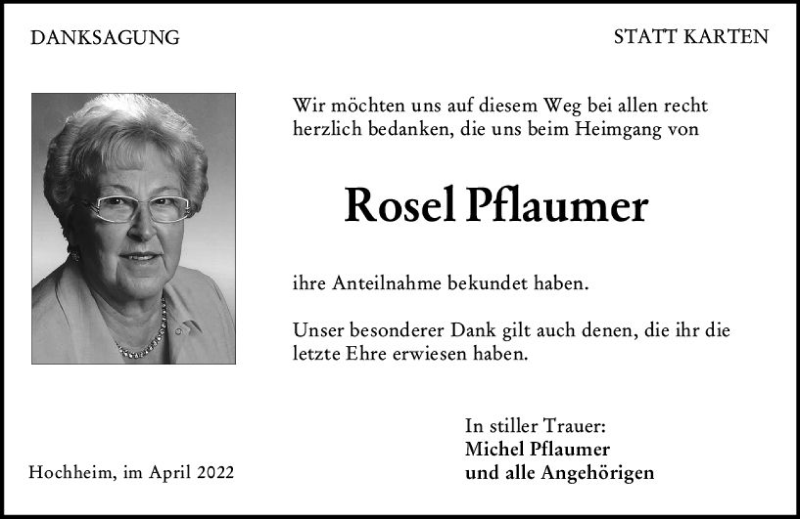  Traueranzeige für Rose Pflaumer vom 08.04.2022 aus vrm-trauer Hochheimer Zeitung