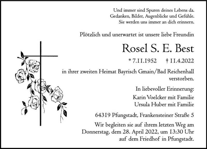  Traueranzeige für Rosel S. E. Best vom 23.04.2022 aus vrm-trauer Darmstädter Echo