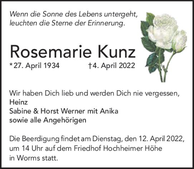  Traueranzeige für Rosemarie Kunz vom 11.04.2022 aus vrm-trauer Wormser Zeitung