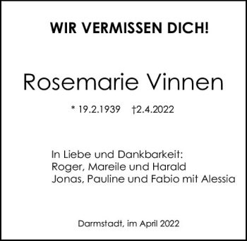 Traueranzeige von Rosemarie Vinnen von vrm-trauer Darmstädter Echo