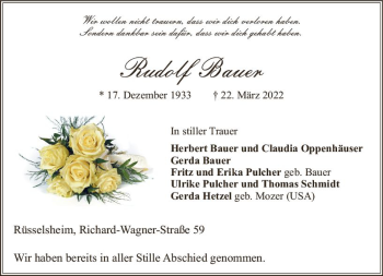 Traueranzeige von Rudolf Bauer von vrm-trauer Rüsselsheimer Echo / MainSpitze
