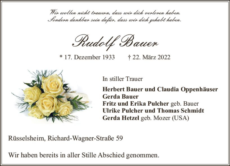  Traueranzeige für Rudolf Bauer vom 09.04.2022 aus vrm-trauer Rüsselsheimer Echo / MainSpitze