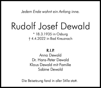 Traueranzeige von Rudolf Josef Dewald von vrm-trauer AZ Mainz