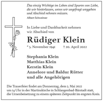 Traueranzeige von Rüdiger Klein von vrm-trauer Wiesbadener Kurier